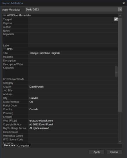 Screenshot of the metadata dialog