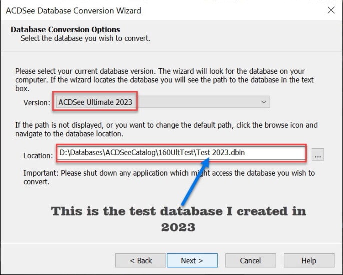 Database conversion Wizard (step 2)